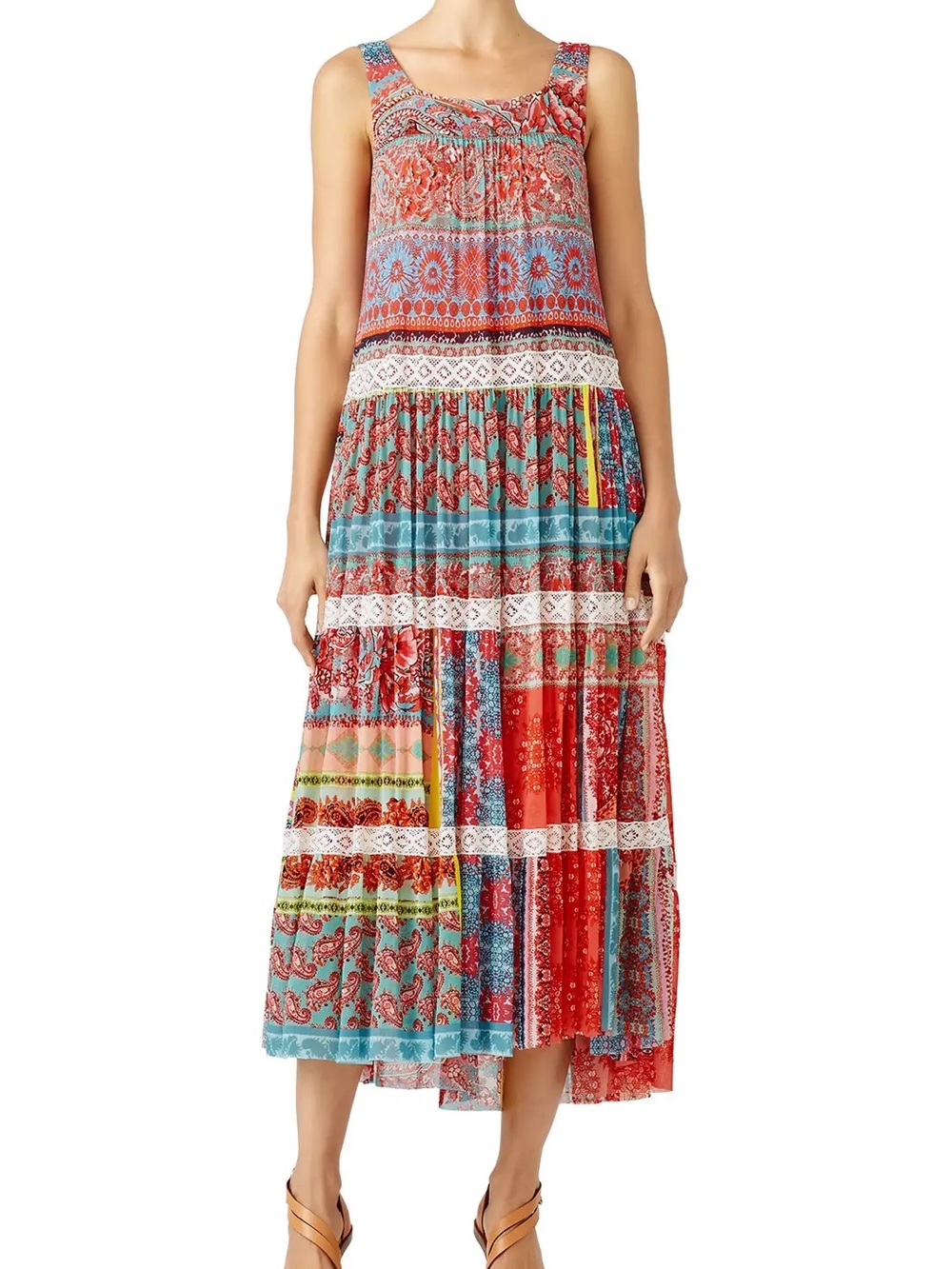 Fuzzi Patchwork Paisley Mesh Midi Dress Sz XL Lace Boho Cottage Floral Ornate